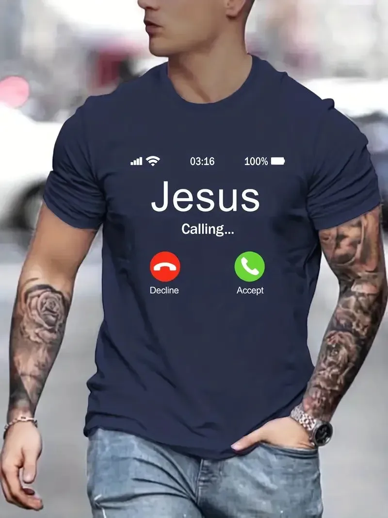 Jesus Calling Pattern Print Men's Comfy T-shirt, Graphic Tee Men's