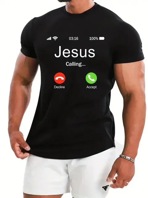 Jesus Calling Pattern Print Men's Comfy T-shirt, Graphic Tee Men's