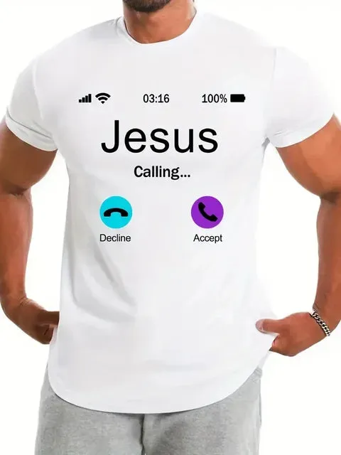 Jesus Calling Pattern Print Men's Comfy T-shirt, Graphic Tee Men's