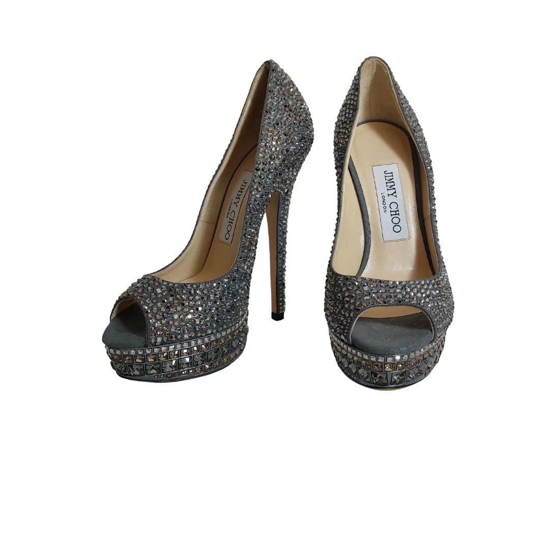 Jimmy Choo Grey Crystal Embellished Peep-toe Platform Pumps | Pre Loved |