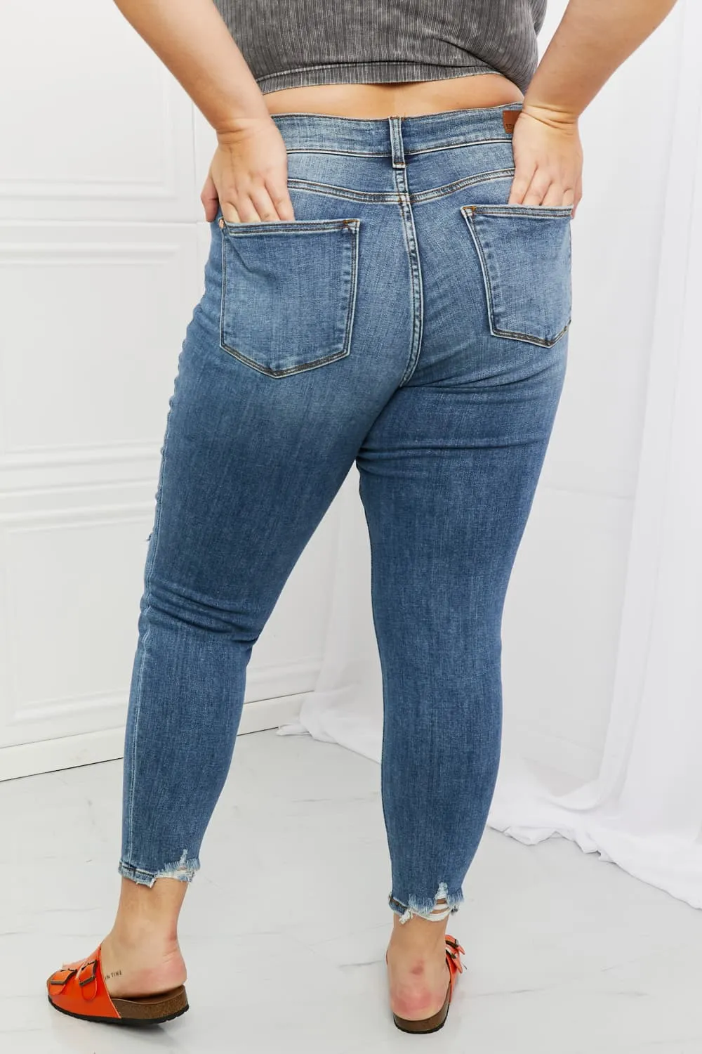 Judy Blue, Mid Rise Navy Blue Patched Destroy Relaxed Jeans