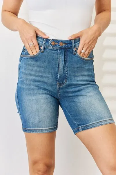 Judy Blue, Tummy Control Double Button Bermuda Denim Shorts