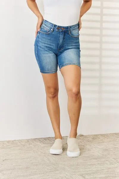 Judy Blue, Tummy Control Double Button Bermuda Denim Shorts