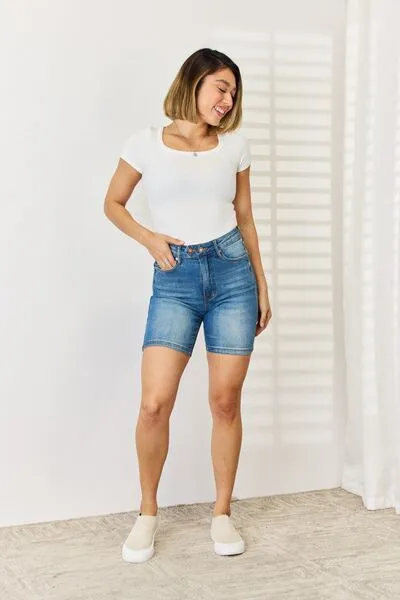 Judy Blue, Tummy Control Double Button Bermuda Denim Shorts