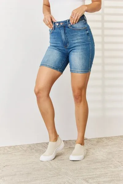 Judy Blue, Tummy Control Double Button Bermuda Denim Shorts