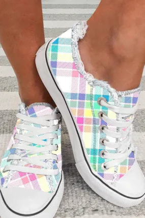 Lace Up Sneakers Plaid Print Women Canvas Walking Shoe