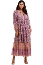 Love Story Maxi Dress Lavender Pink Floral Bohemian Long Peasant Sleeve Gown Double Tie Front Flared Skirt Available In Small Medium Or Large