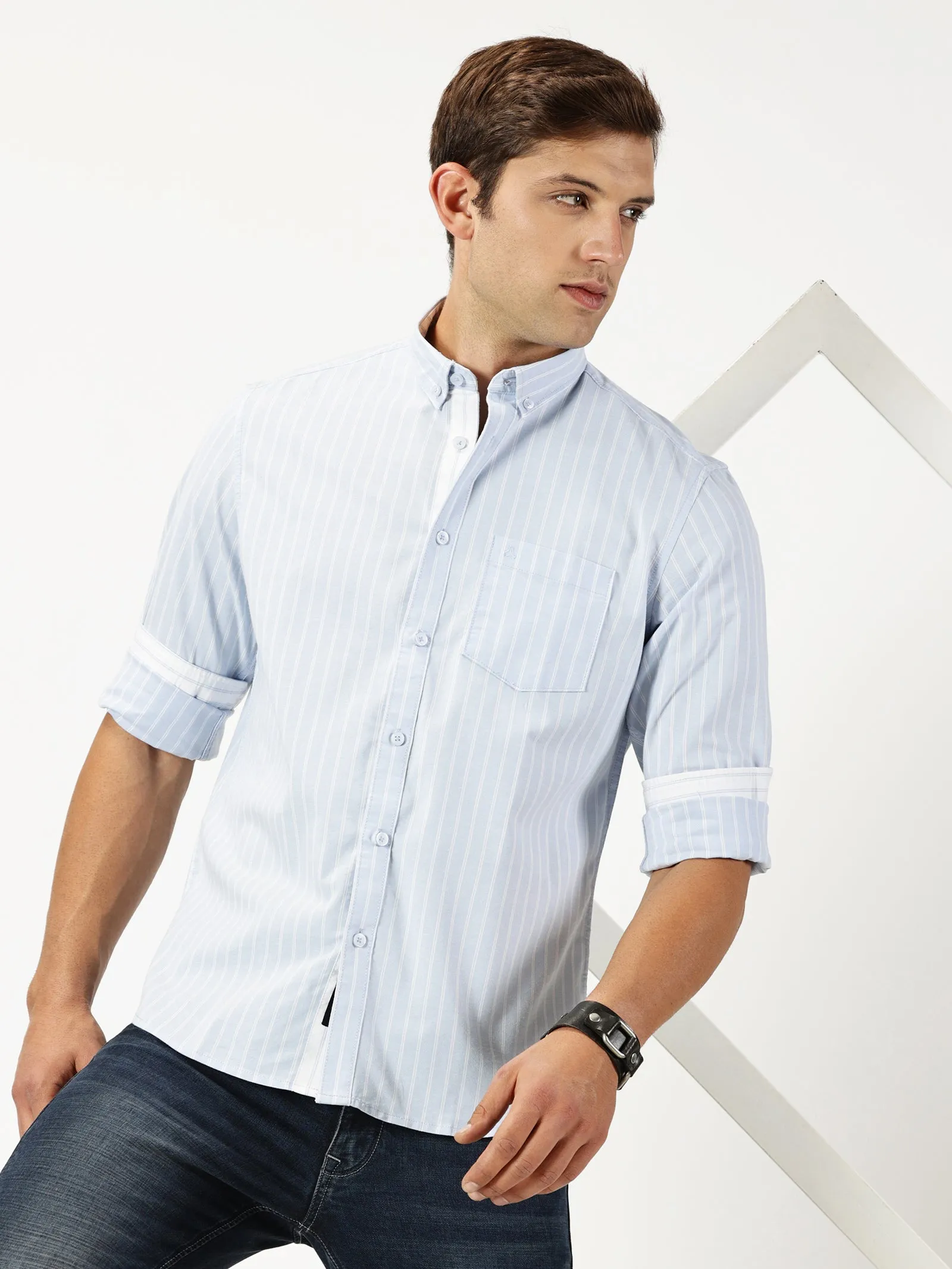 MEN'S  LT BLUE STRIPE SLIM FIT SHIRT