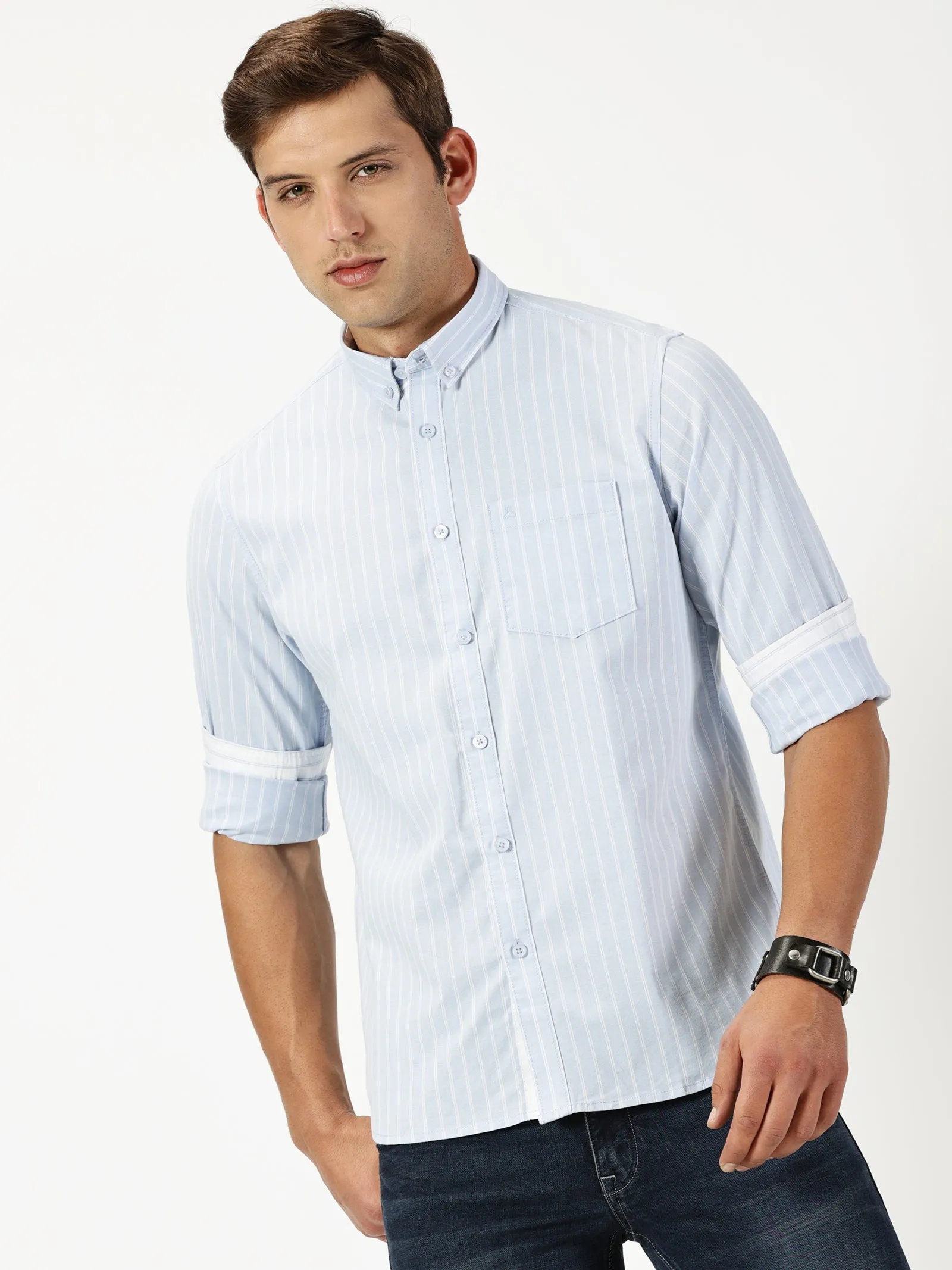 MEN'S  LT BLUE STRIPE SLIM FIT SHIRT