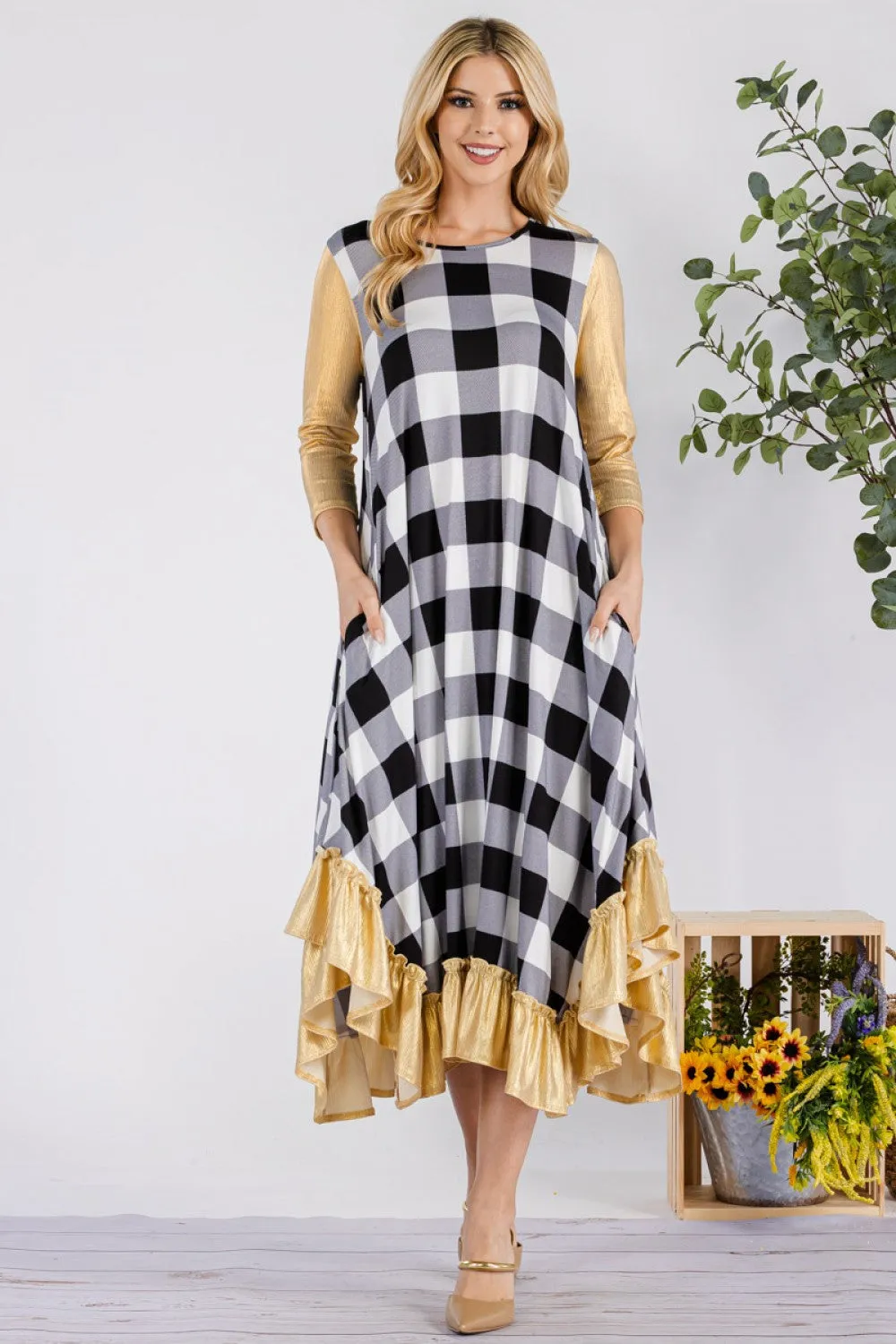 Michella White Buffalo Plaid with Gold Shimmer Sleeves Dress