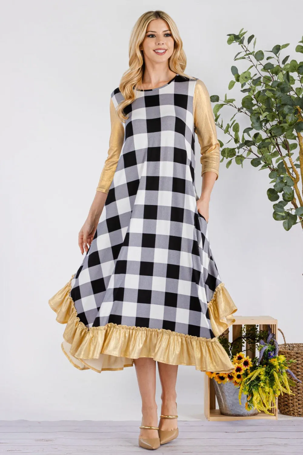 Michella White Buffalo Plaid with Gold Shimmer Sleeves Dress