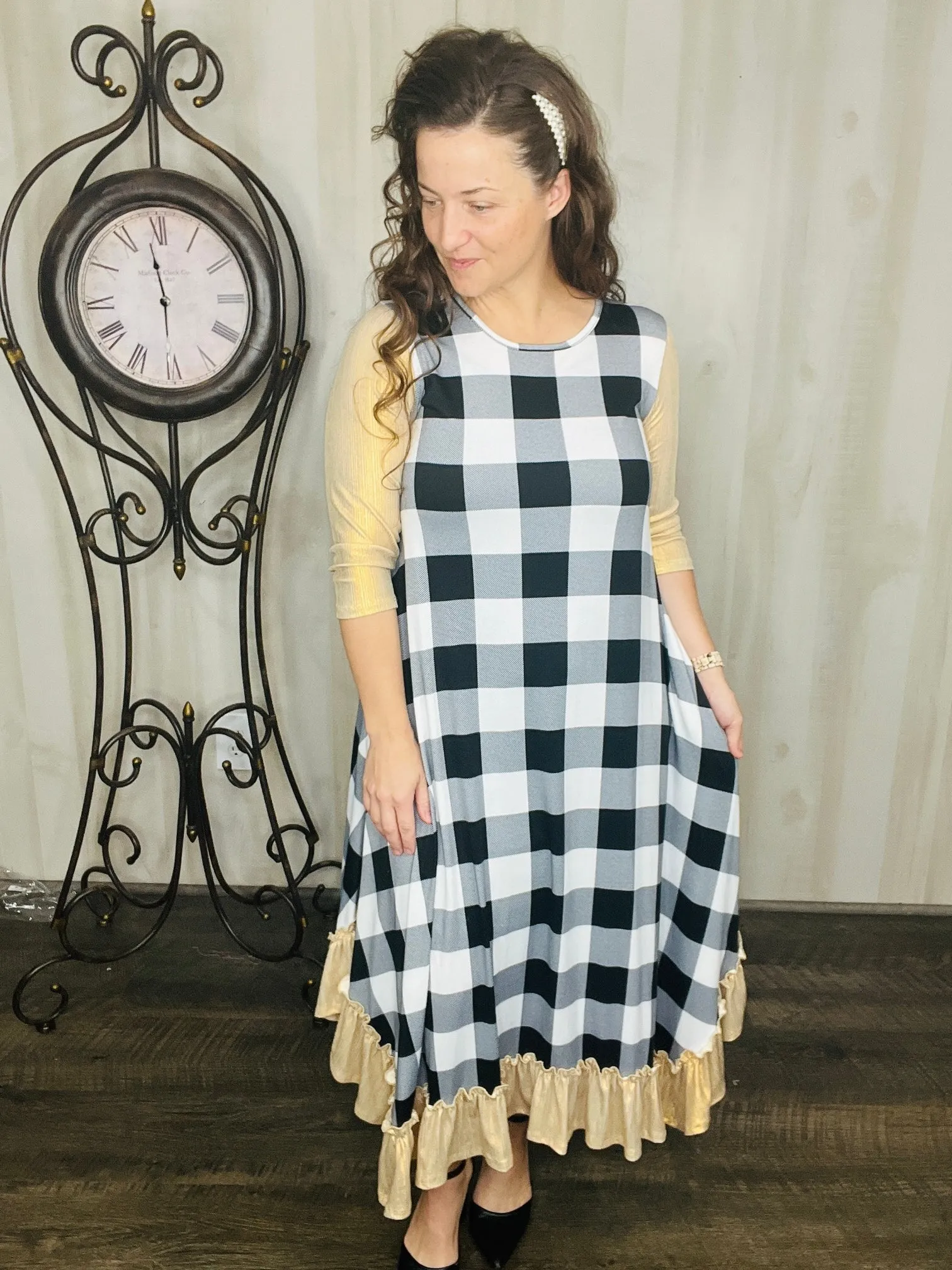 Michella White Buffalo Plaid with Gold Shimmer Sleeves Dress