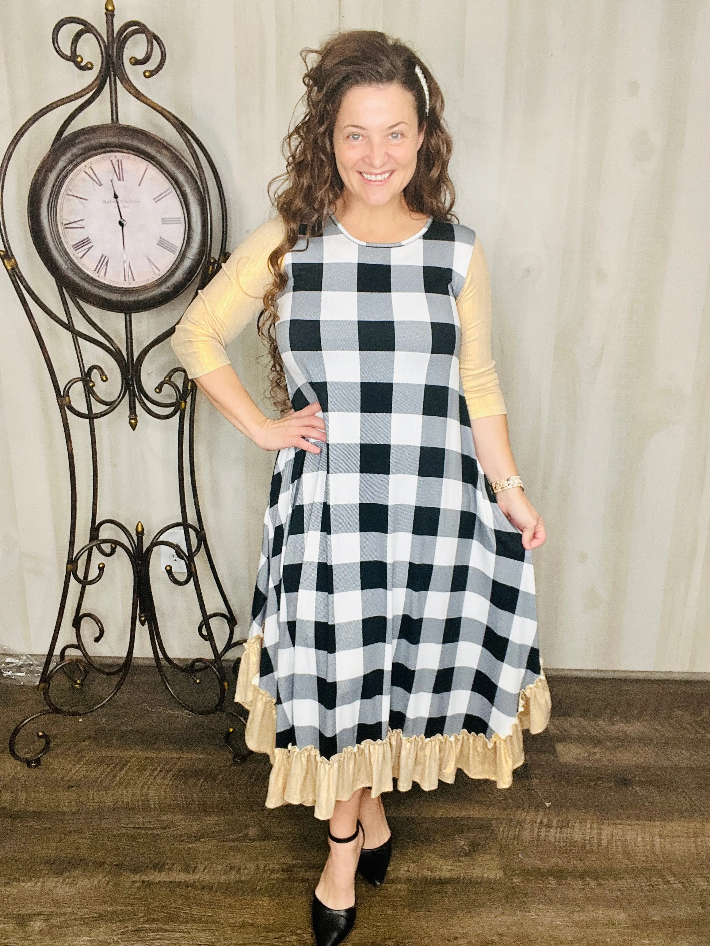 Michella White Buffalo Plaid with Gold Shimmer Sleeves Dress