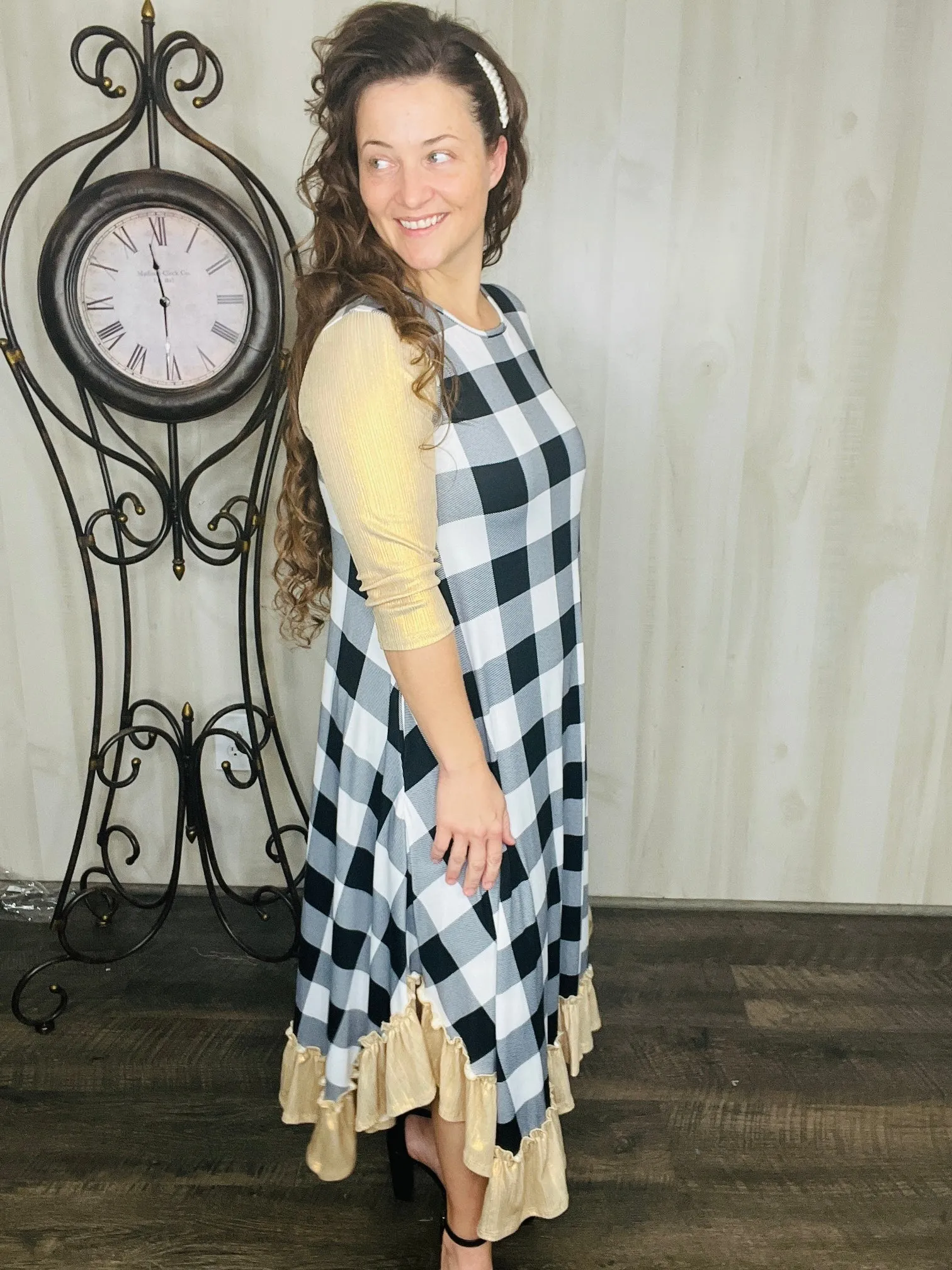 Michella White Buffalo Plaid with Gold Shimmer Sleeves Dress