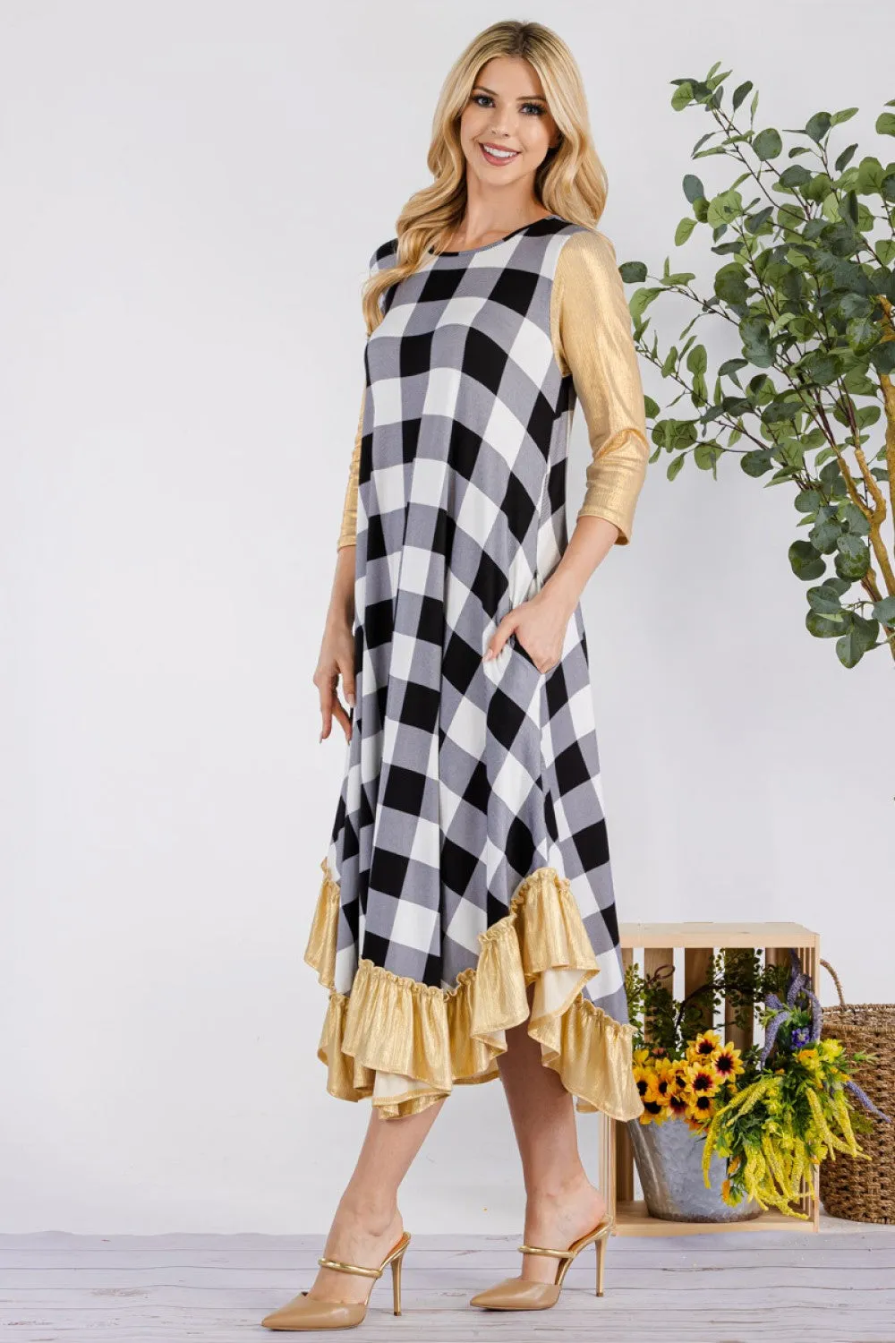 Michella White Buffalo Plaid with Gold Shimmer Sleeves Dress