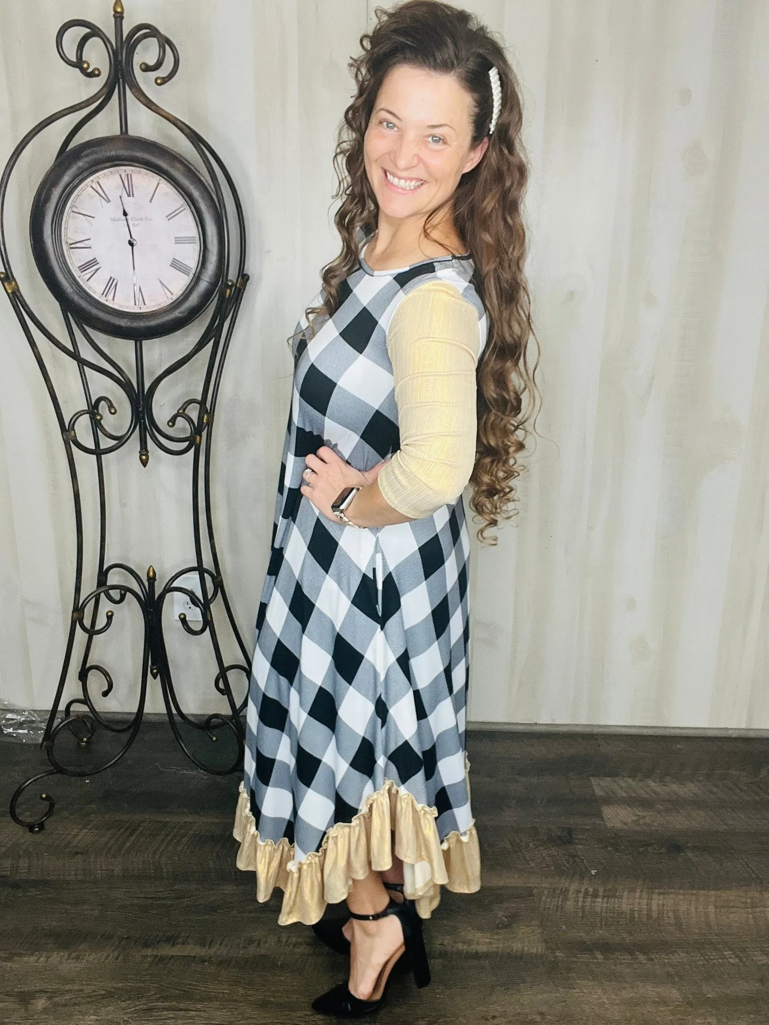 Michella White Buffalo Plaid with Gold Shimmer Sleeves Dress