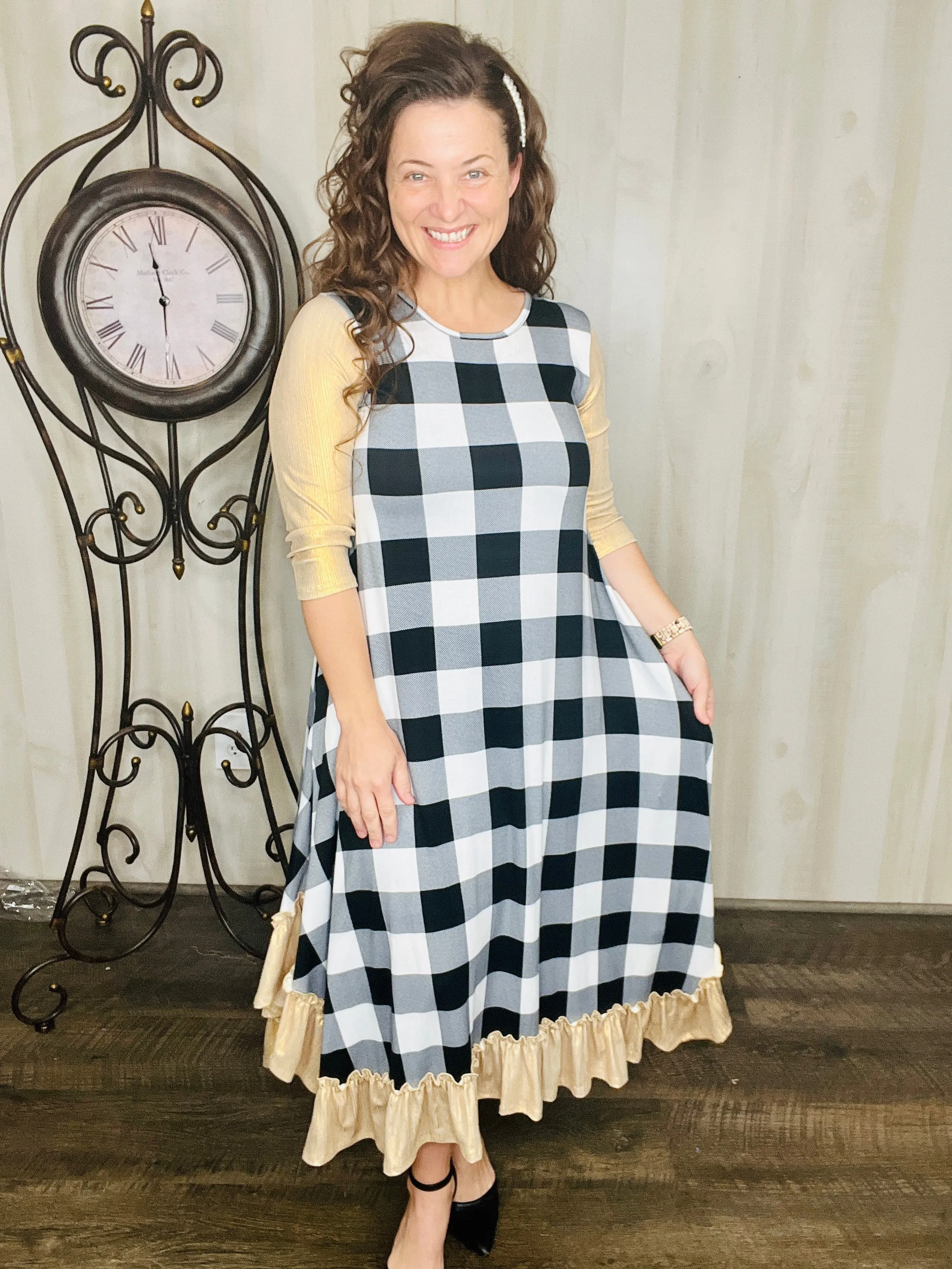 Michella White Buffalo Plaid with Gold Shimmer Sleeves Dress