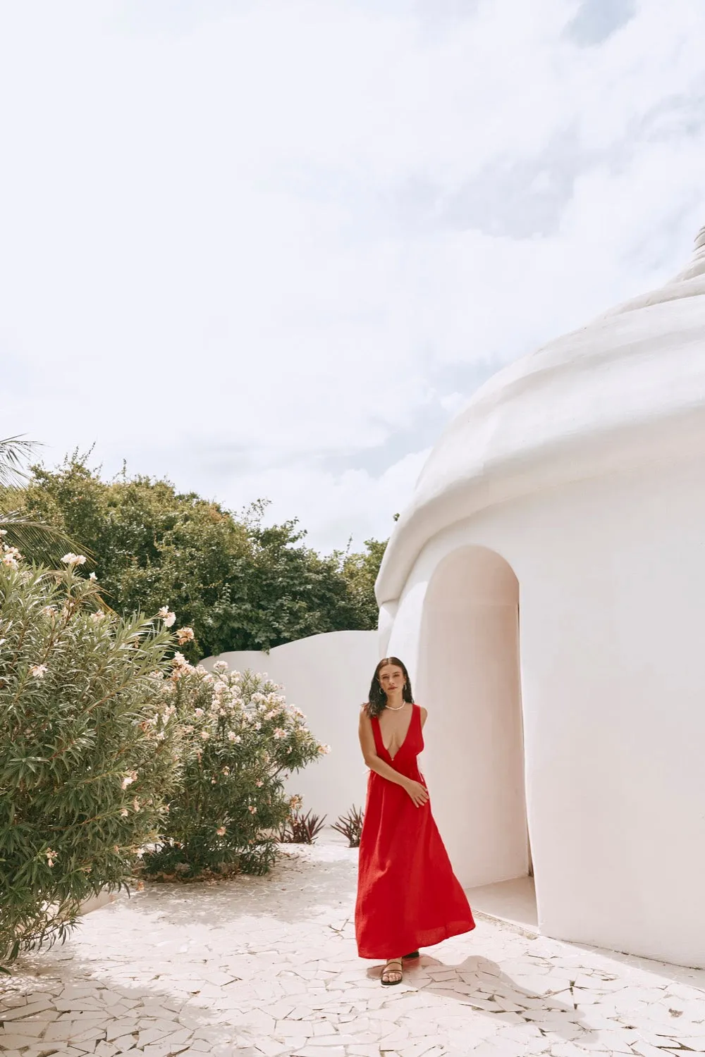 Paros Palms Linen Midi Dress Red