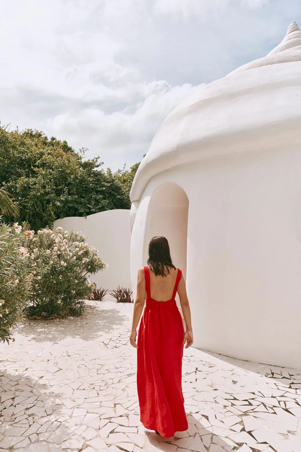 Paros Palms Linen Midi Dress Red