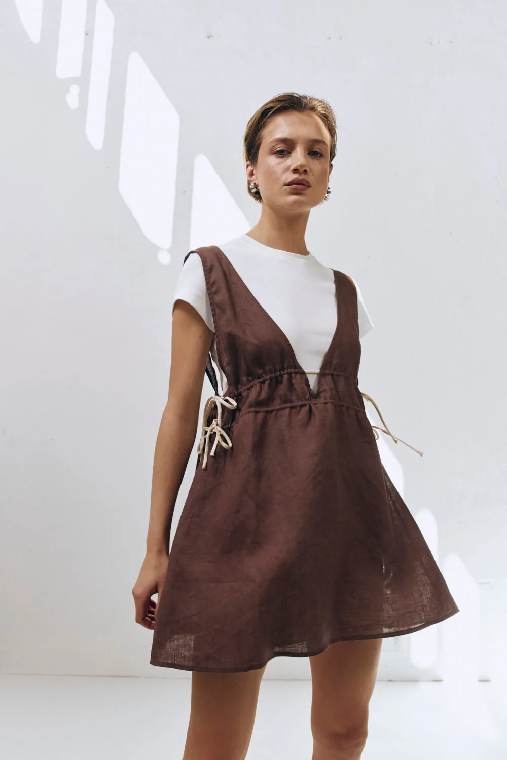 Paros Palms Linen Mini Dress Chocolate