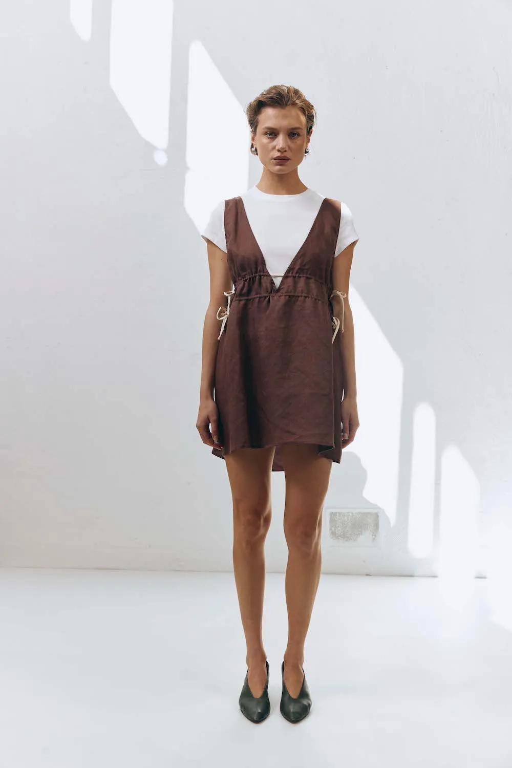 Paros Palms Linen Mini Dress Chocolate