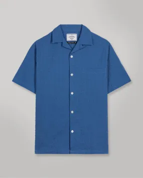 Portuguese Flannel Big Square Seersucker Short Sleeve Shirt - Blue