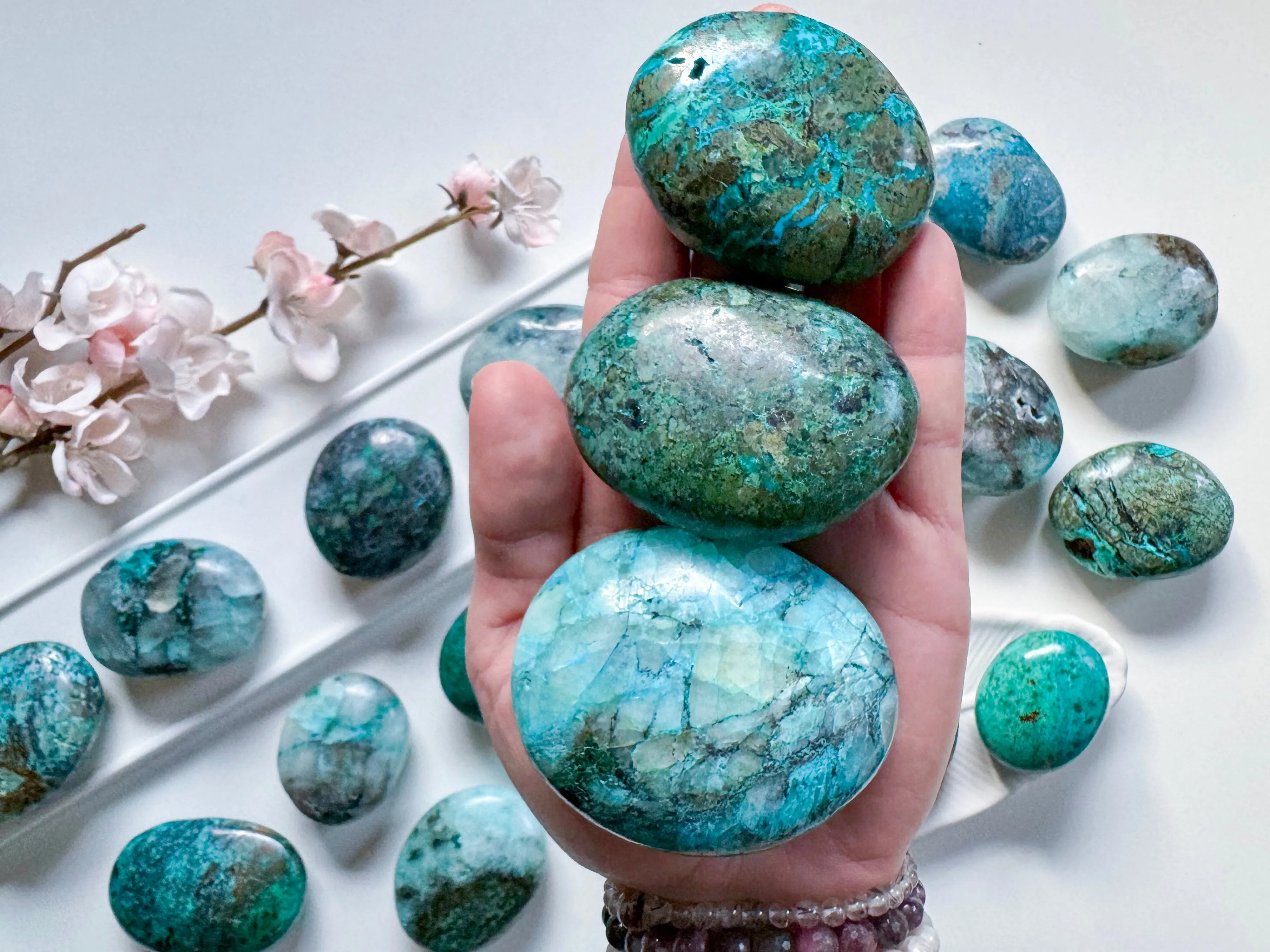 Quantum Quattro Palm Stone || Malachite, Chrysocolla, Quartz & Shattuckite