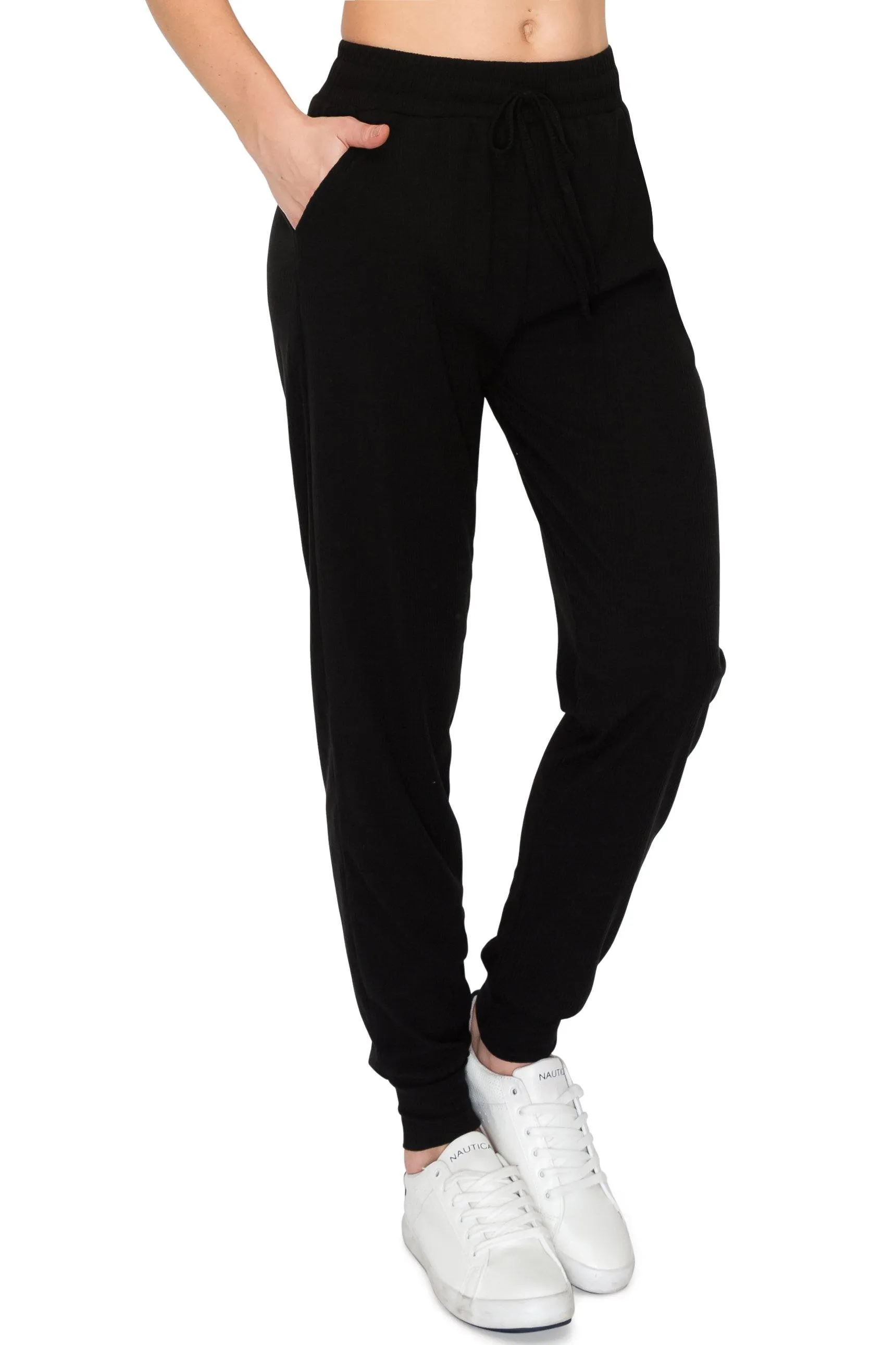 Ribbed Jogger Sweatpants - Rib-Knit Lightweight Soft Stretch Pockets Pants