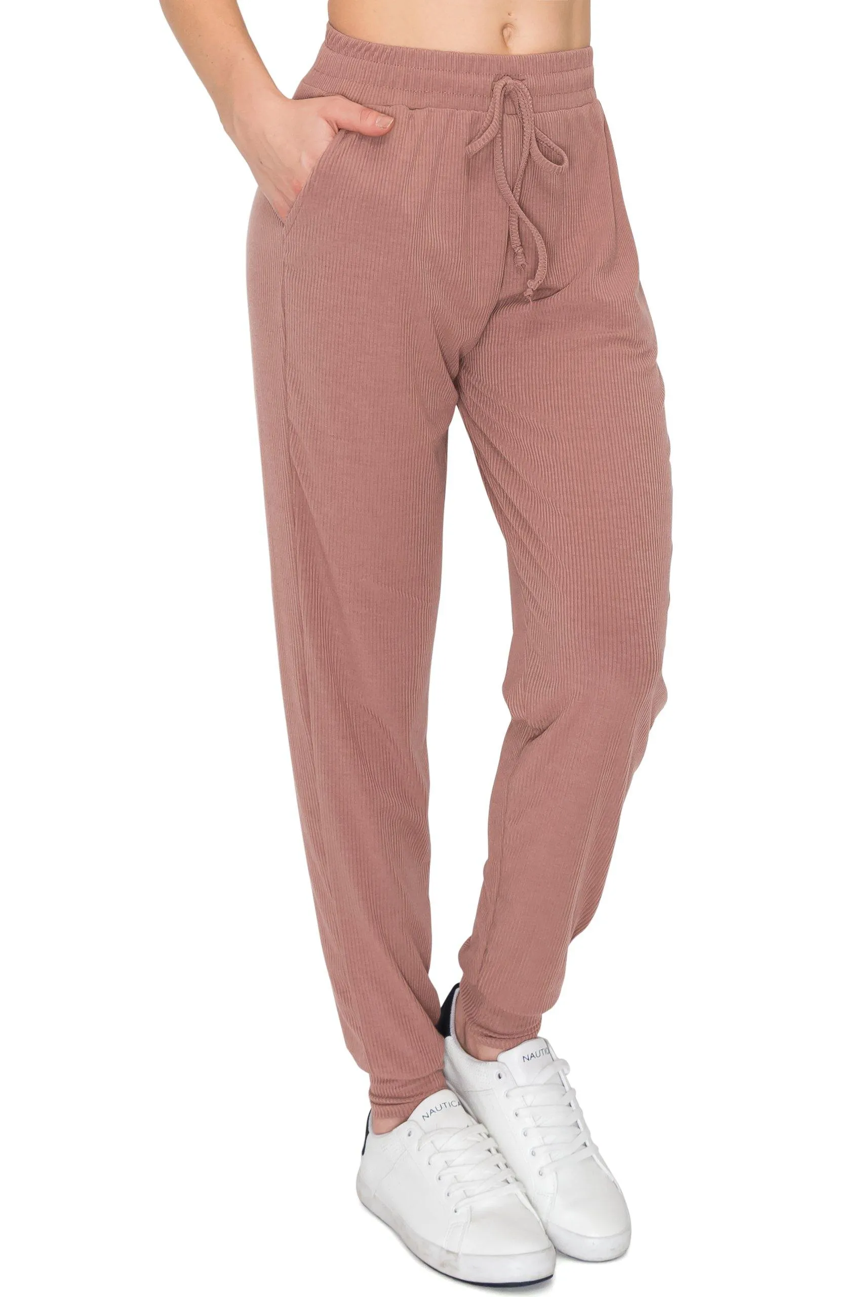 Ribbed Jogger Sweatpants - Rib-Knit Lightweight Soft Stretch Pockets Pants