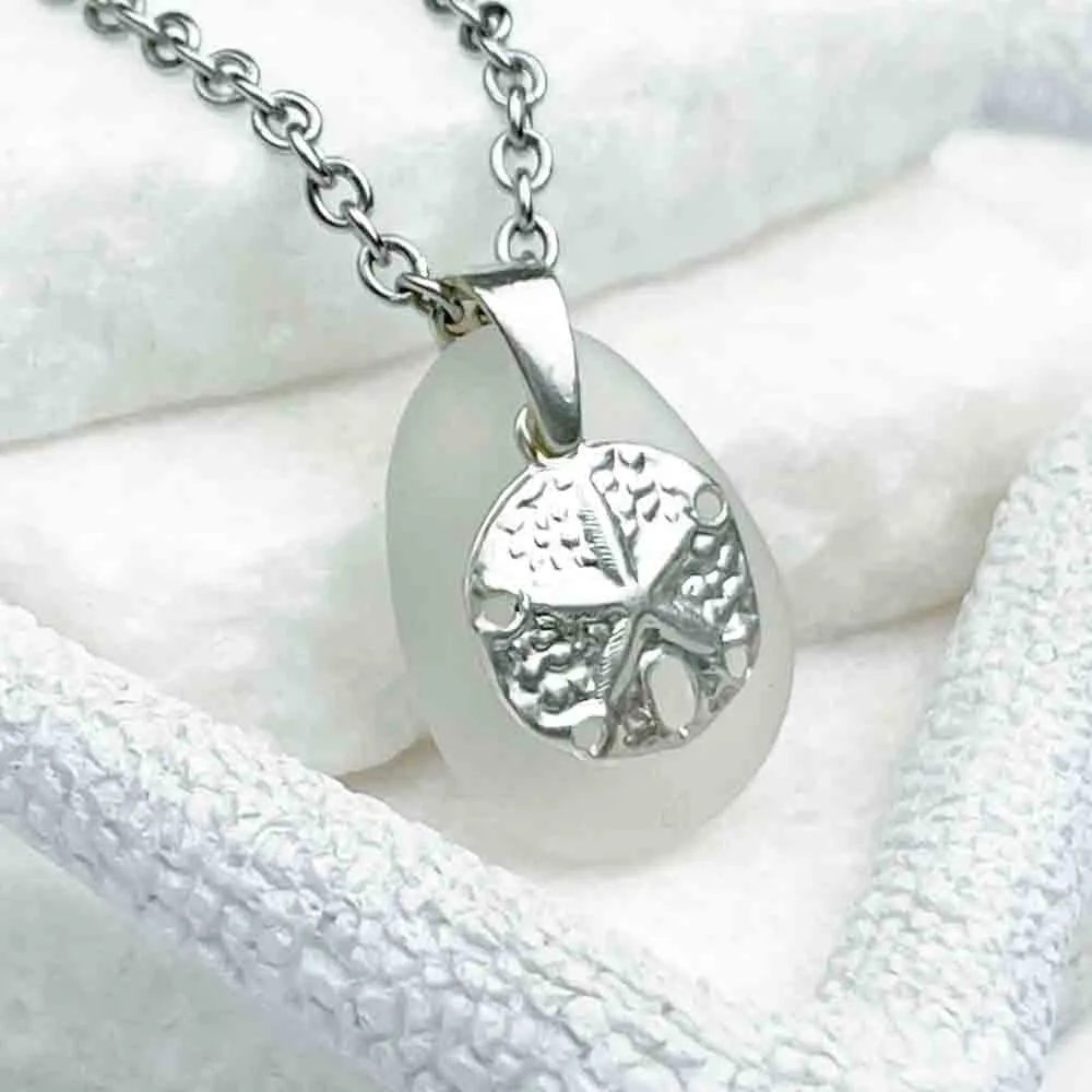 Solid Crystal Clear Sea Glass Pendant with Sterling Silver Sand Dollar | 5224