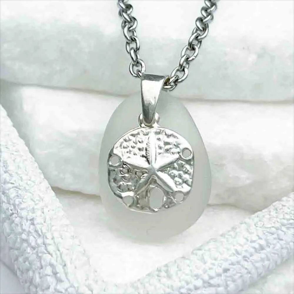 Solid Crystal Clear Sea Glass Pendant with Sterling Silver Sand Dollar | 5224