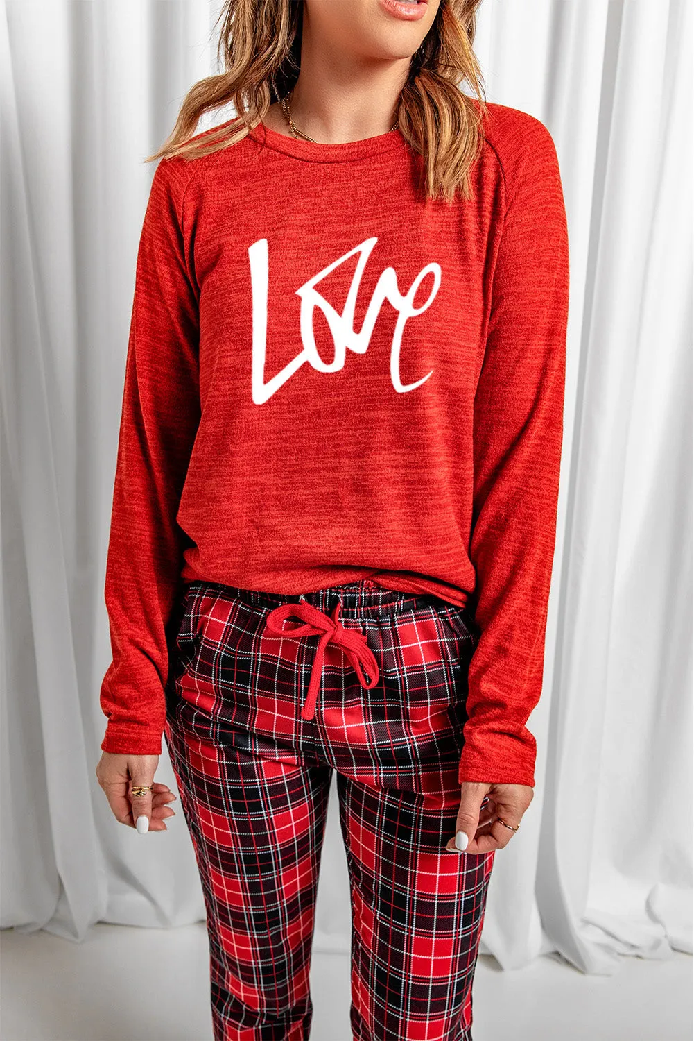 Solid Long Sleeve Top and Plaid Pants Loungewear