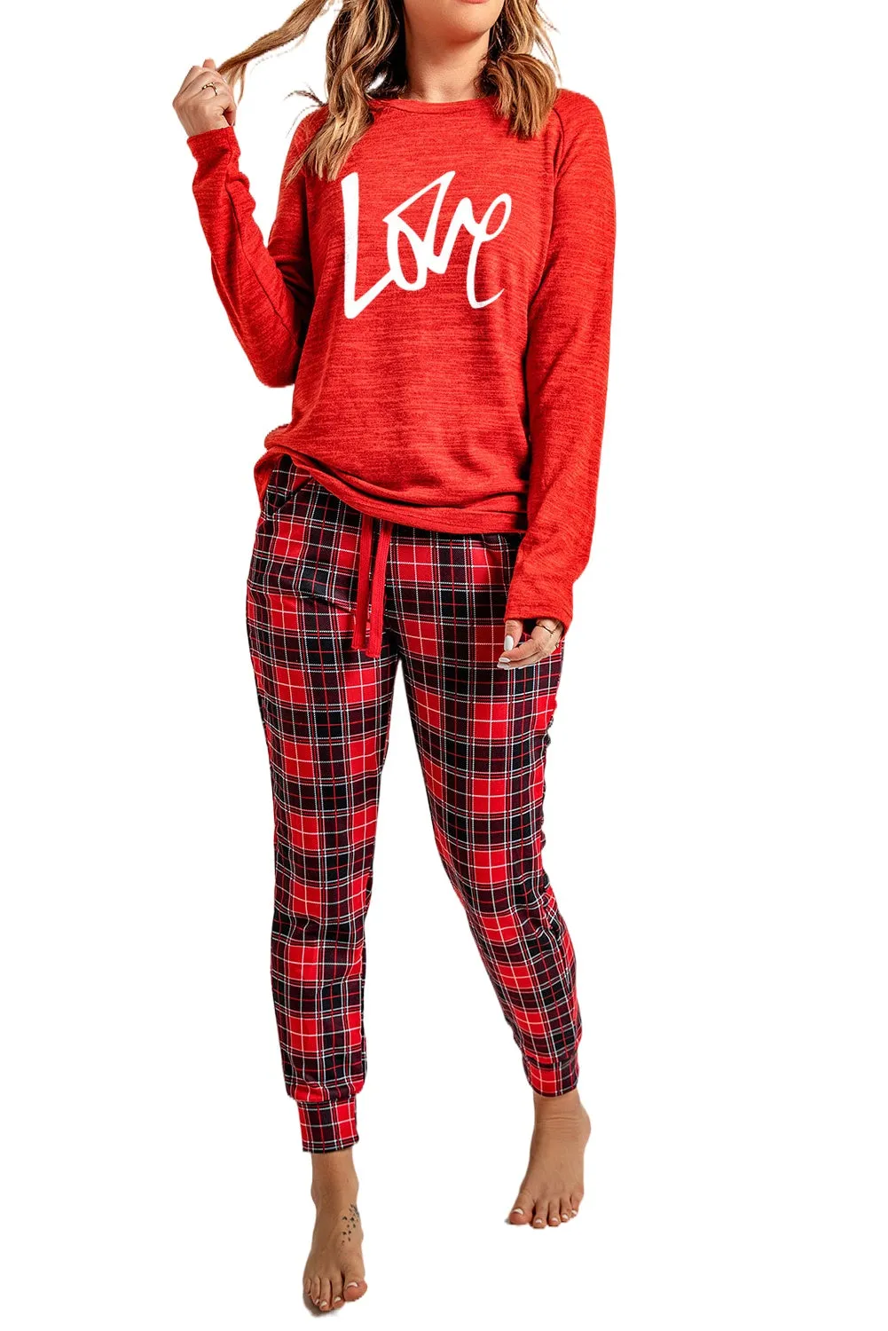 Solid Long Sleeve Top and Plaid Pants Loungewear