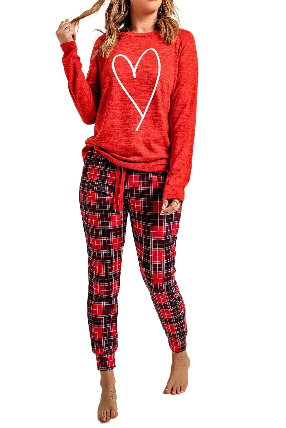 Solid Long Sleeve Top and Plaid Pants Loungewear