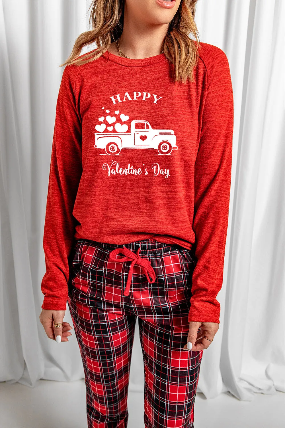 Solid Long Sleeve Top and Plaid Pants Loungewear