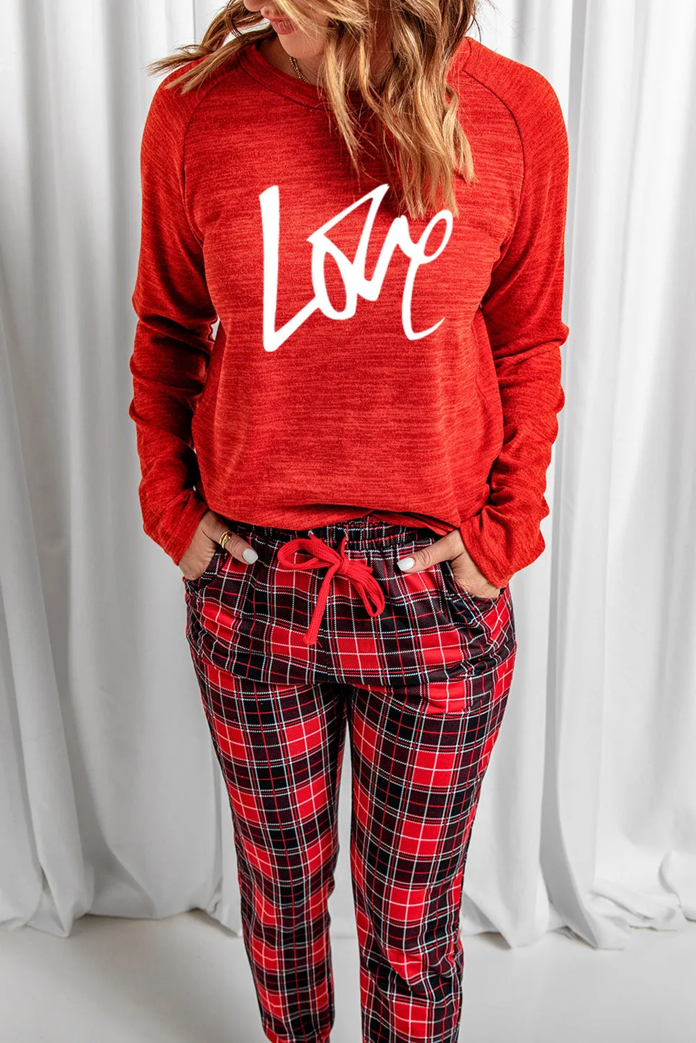 Solid Long Sleeve Top and Plaid Pants Loungewear