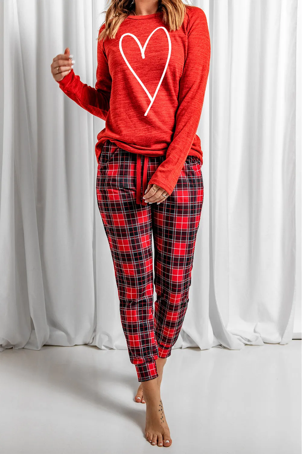 Solid Long Sleeve Top and Plaid Pants Loungewear