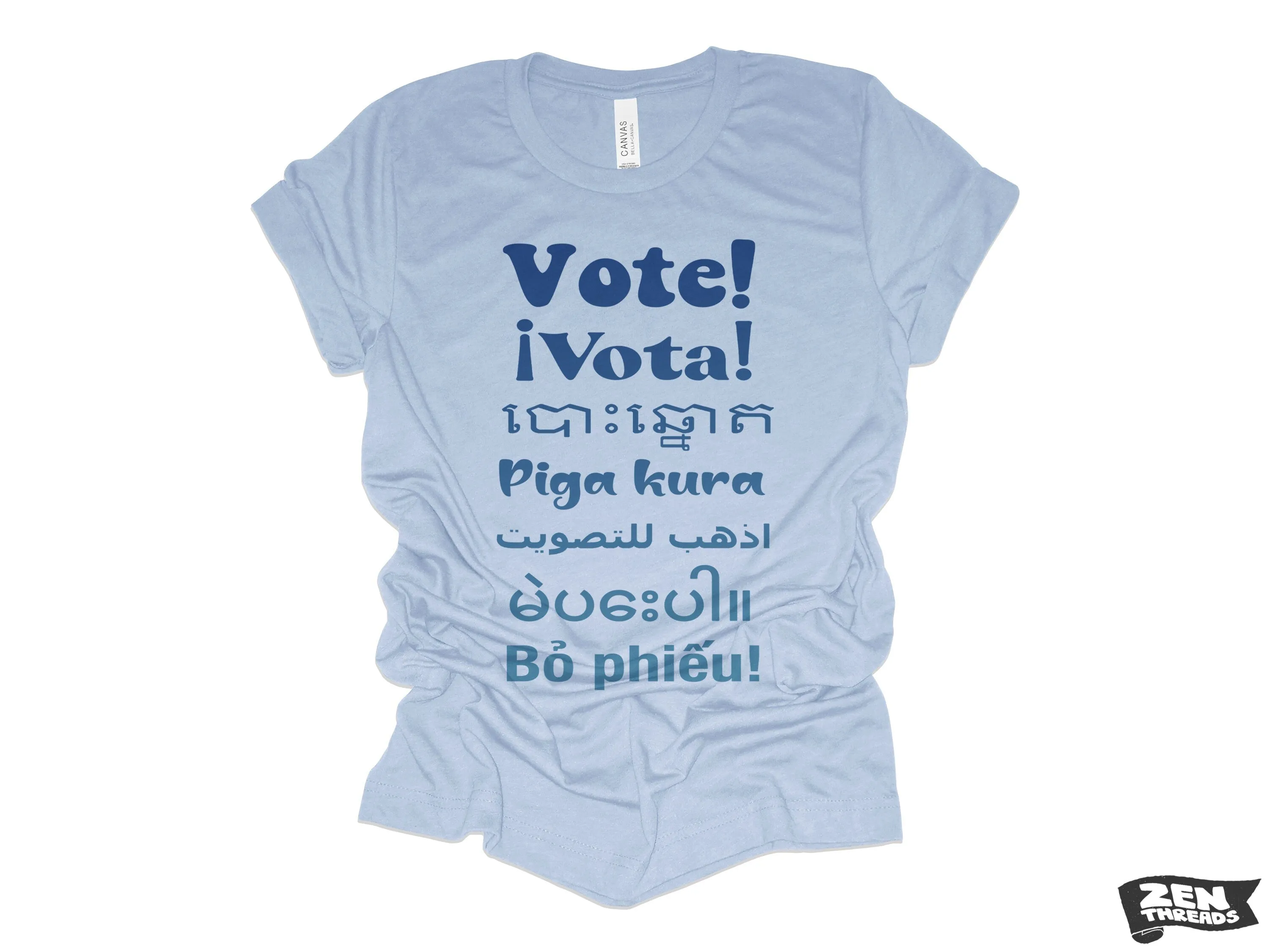 VOTE! !Vota unisex mens women's t shirt eco soft printed custom color Bella Canvas 3001 tee voting day empowerment different languages