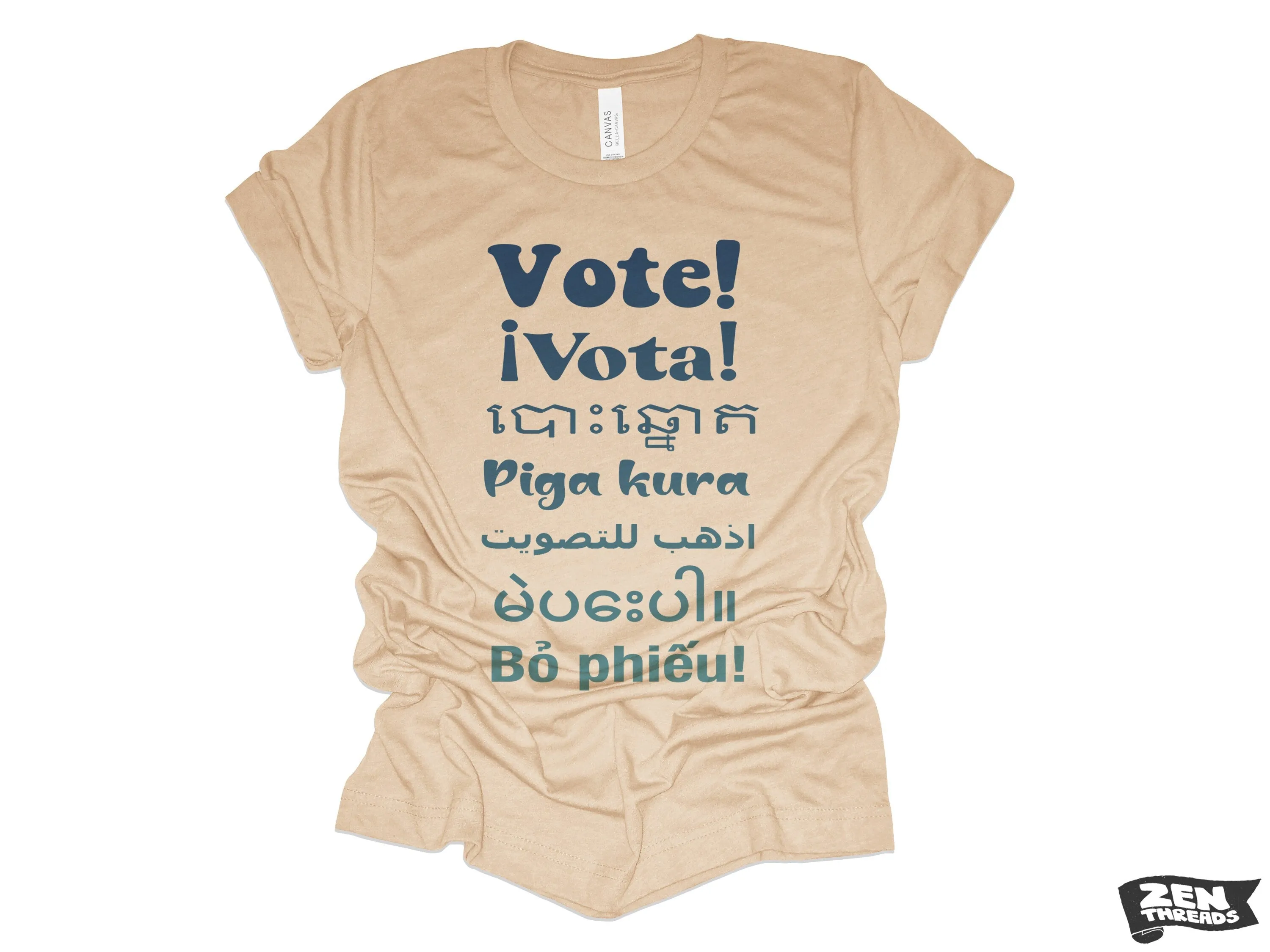 VOTE! !Vota unisex mens women's t shirt eco soft printed custom color Bella Canvas 3001 tee voting day empowerment different languages