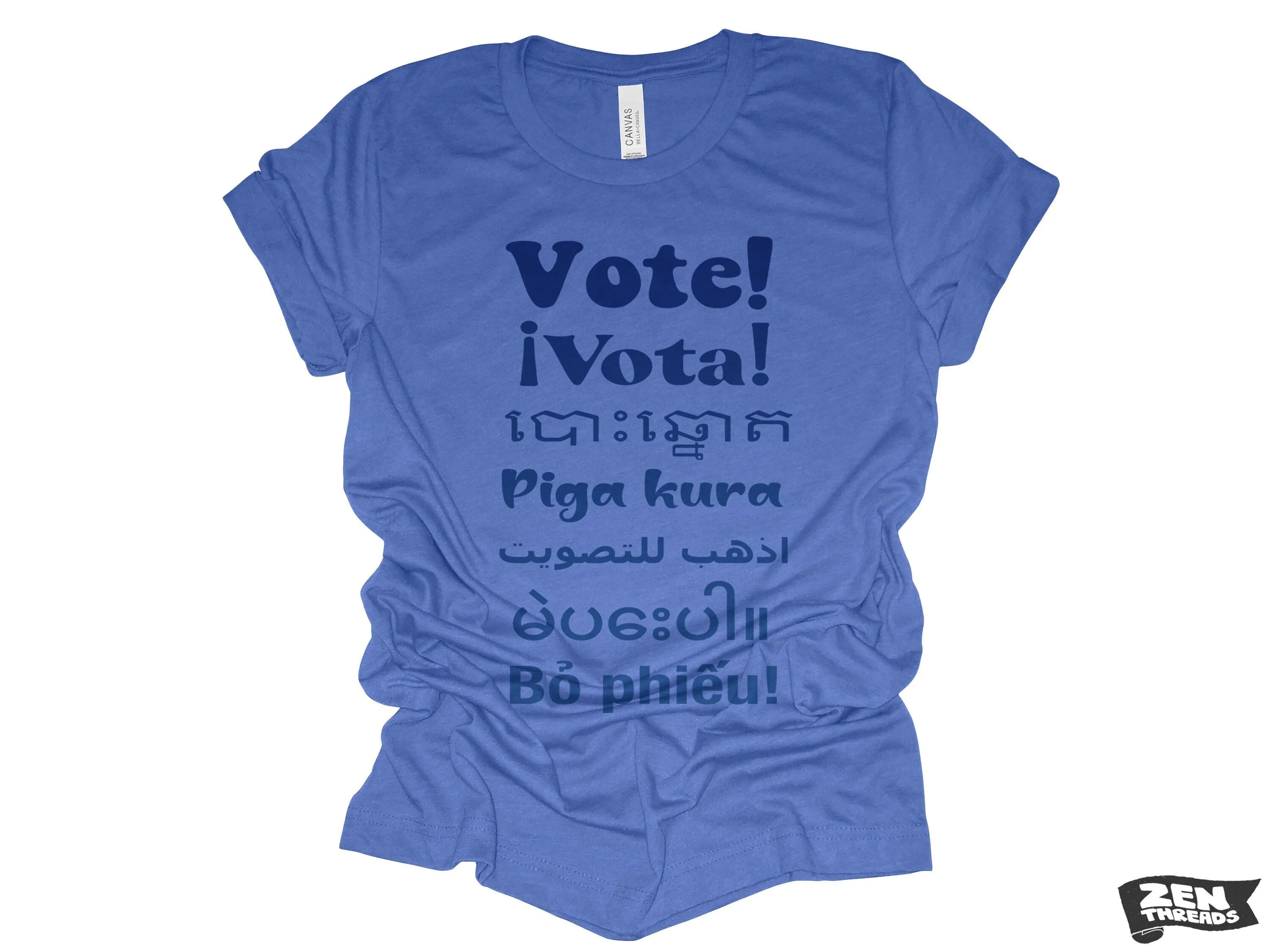 VOTE! !Vota unisex mens women's t shirt eco soft printed custom color Bella Canvas 3001 tee voting day empowerment different languages