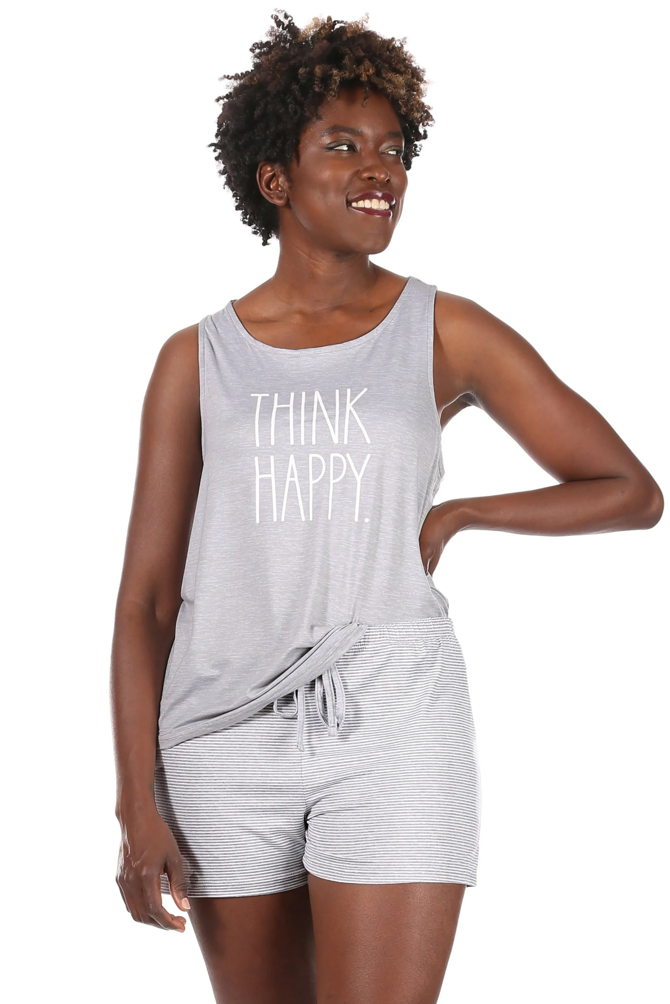 Women's "THINK HAPPY" Tank and Drawstring Shorts Pajama Set